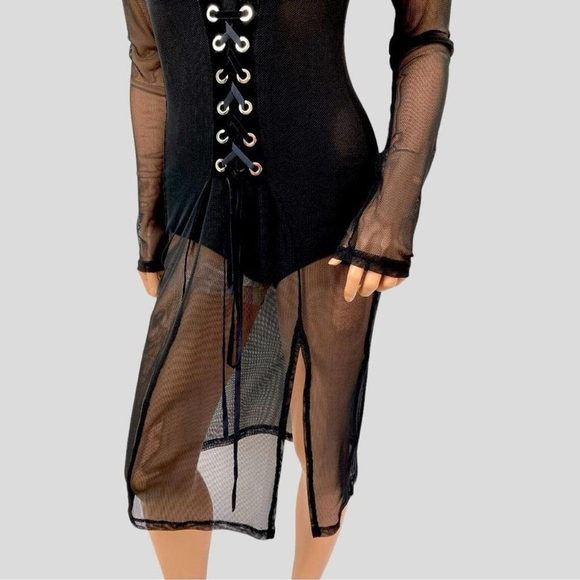 Y2K Black Sheer Mesh Corset Dress Velvet Trim Lace Up Front Fairygrunge Goth S - Picture 5 of 9